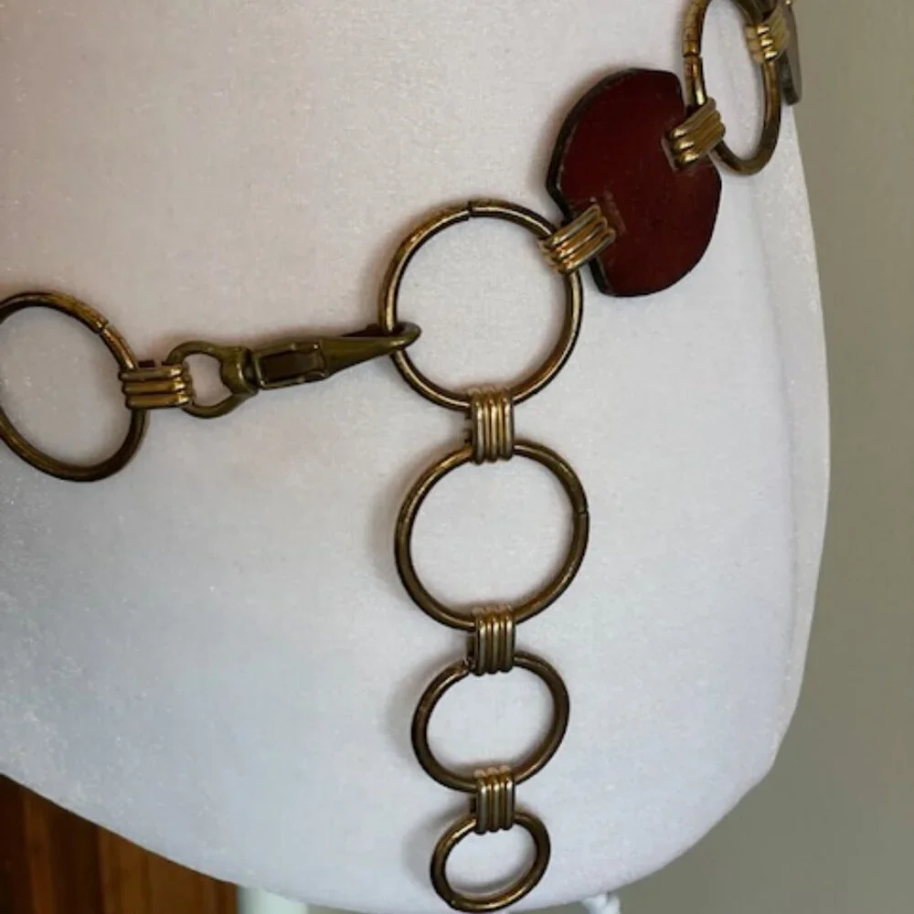 ETIENNE AIGNER Leather Gold Ring Signature Brown Vintage Belt 1515